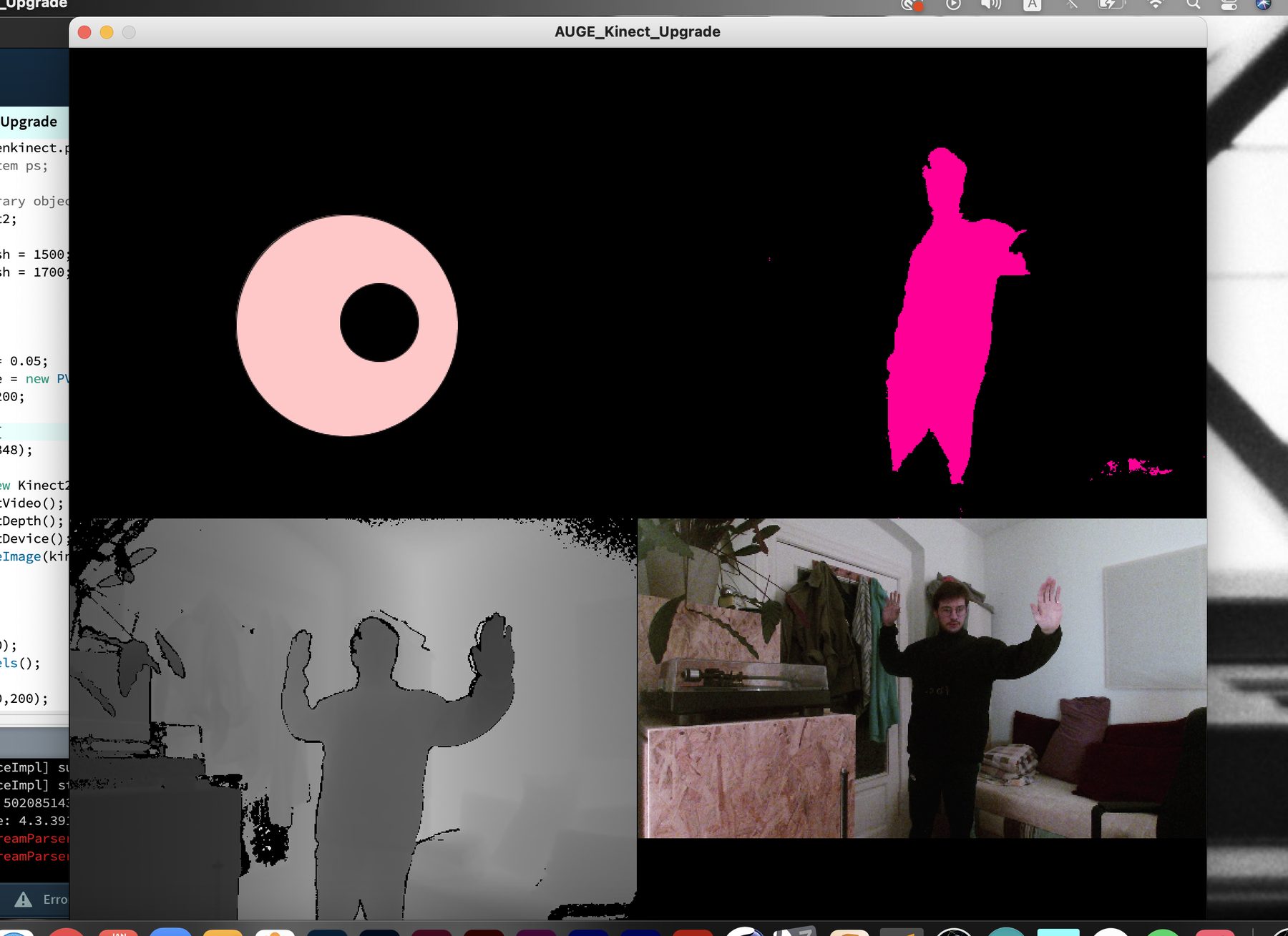 Depth view drawn from the Kinect: a person in front of the window isolated from the traffic behind, using a distance threshold